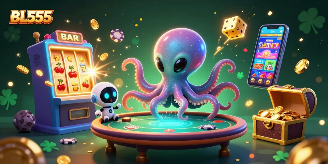 Join the fun at BL555 with our alien octopus dealing at a holographic poker table amid a jackpot explosion!