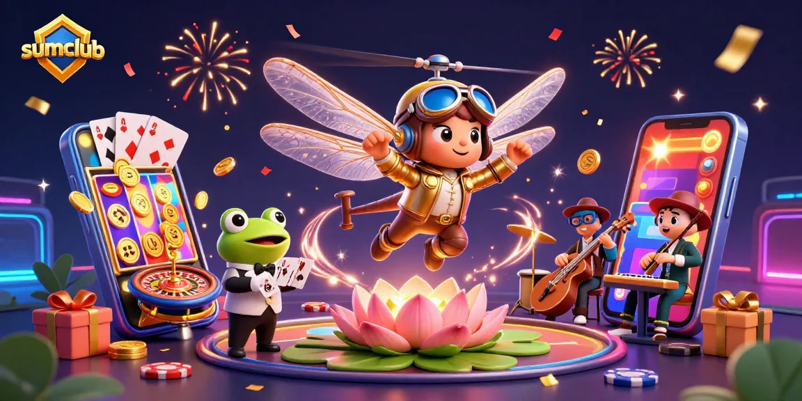 Experience the thrill of gaming with sumclub's vibrant casino scene featuring interactive characters and exciting slots.