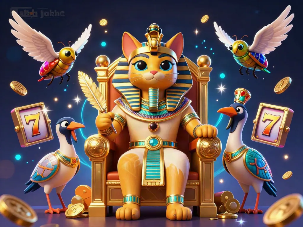 Engage in the slot jackpot excitement with a vibrant pharaoh cat throne scene, dynamic slots, and neon elements.