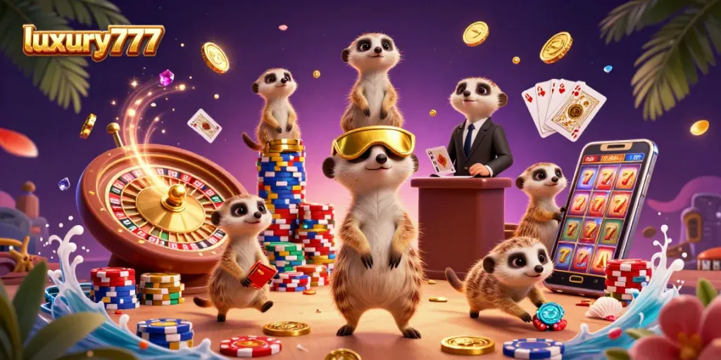Experience the excitement of luxury777 with dynamic meerkats running a vibrant casino operation.