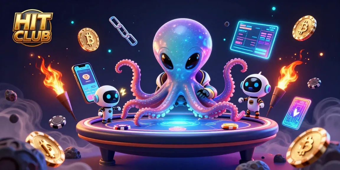 Engage in thrilling gameplay at HIT CLUB with a holographic poker table operated by a 3D alien octopus.