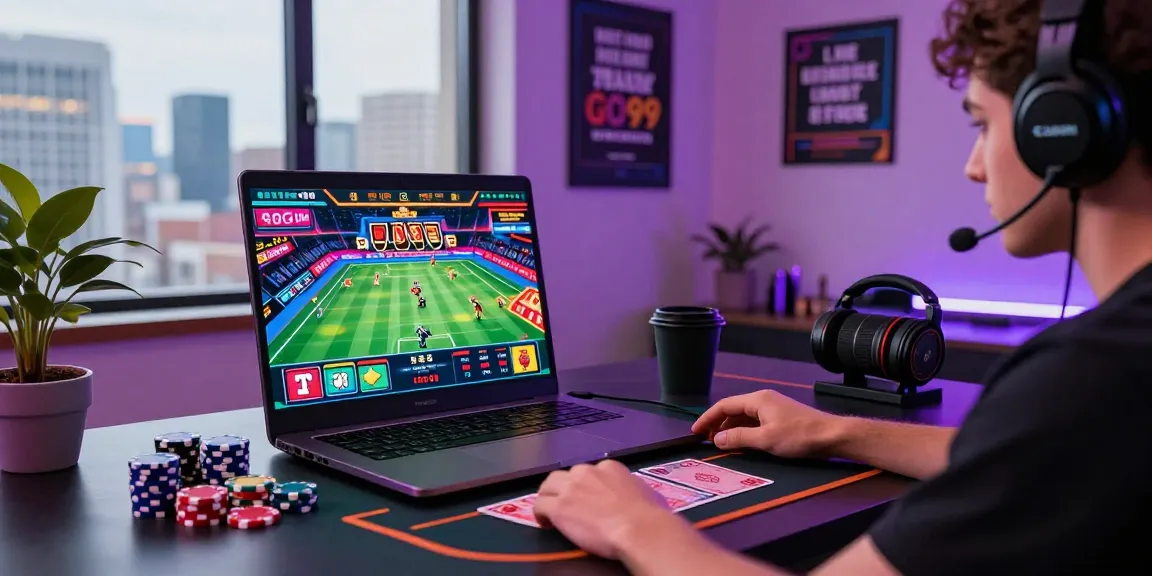 Exciting online gaming scene with GO999 player at home, showcasing vibrant sports betting interface and casino elements.