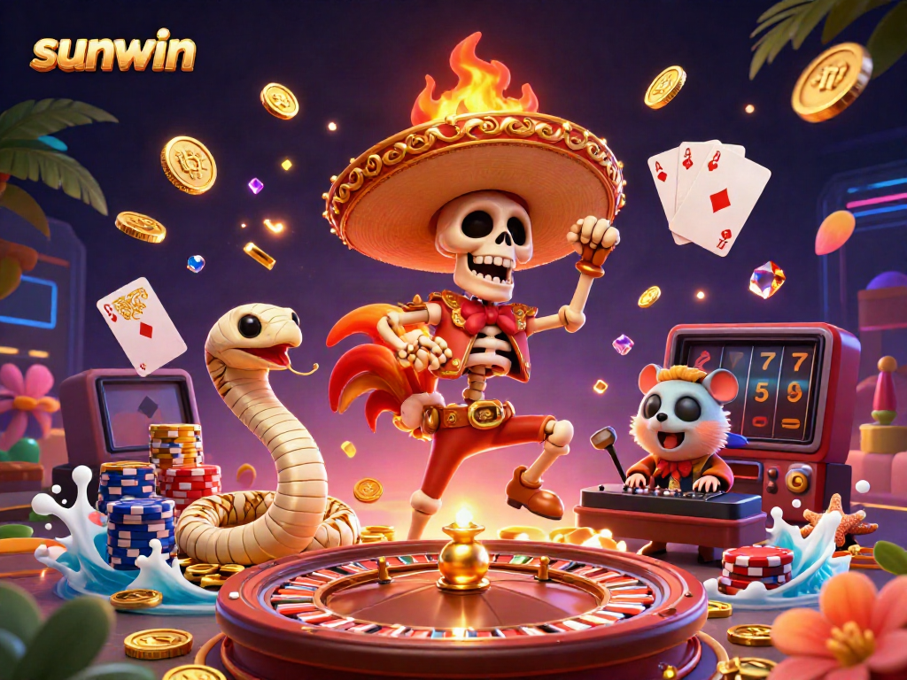 Experience sunwin with a lively illustration of a mariachi rooster dancing on coins.