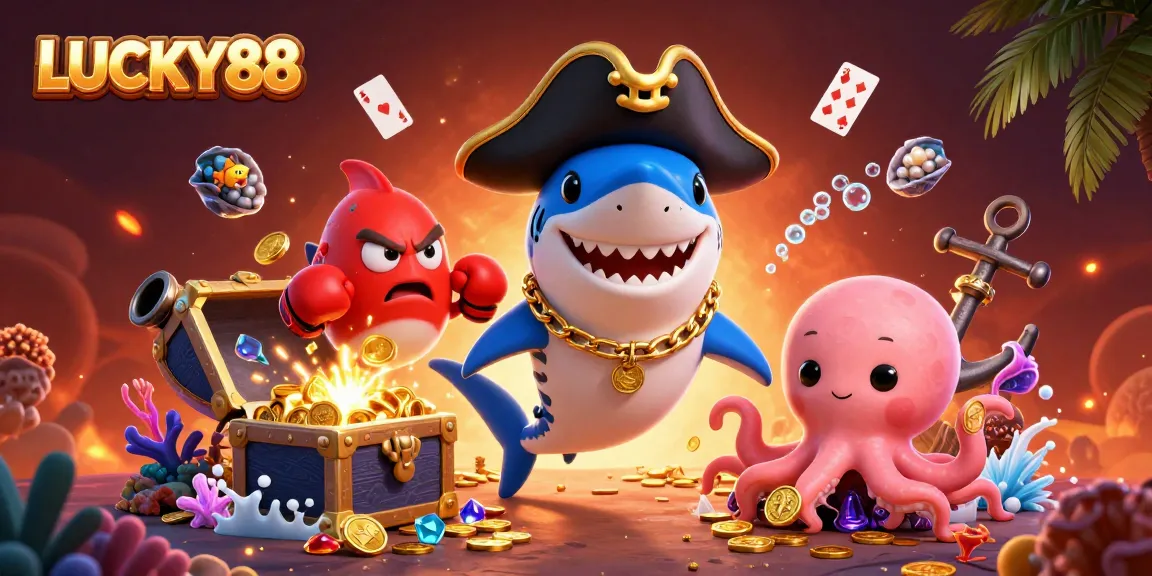 LUCKY88 showcases a playful pirate shark, pufferfish, and octopus in a dynamic gambling-themed underwater scene.