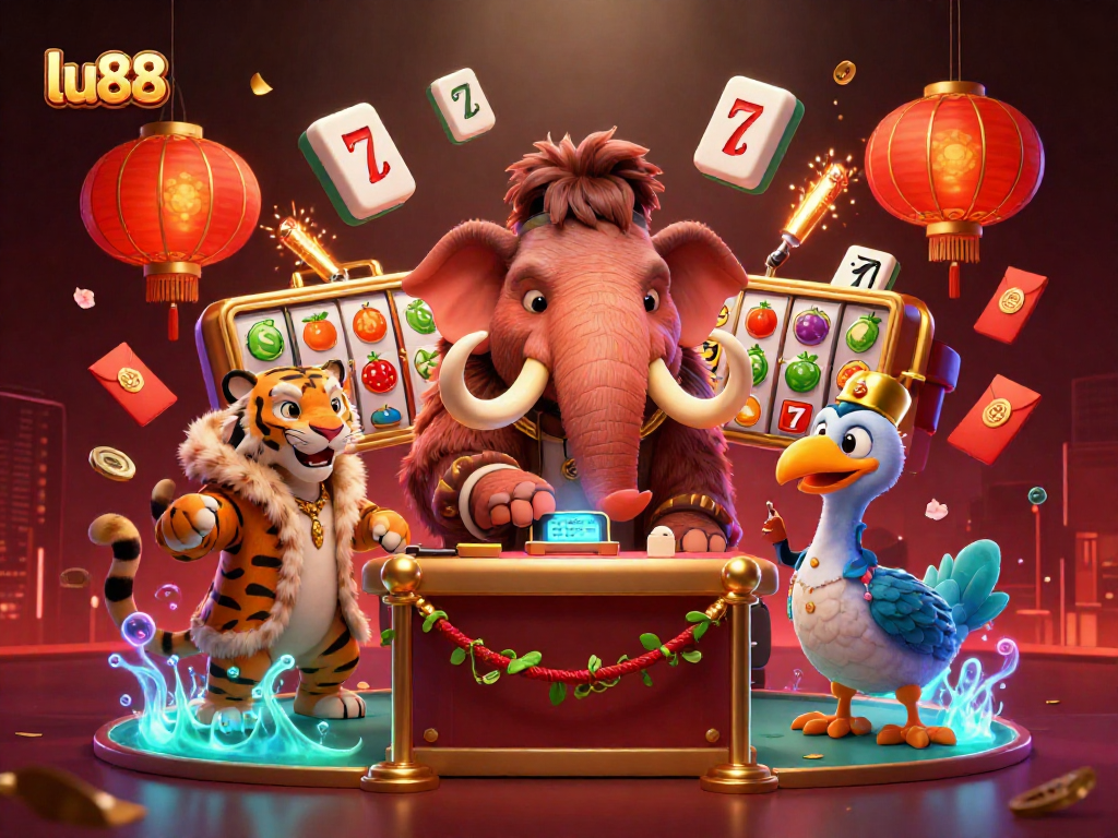 A dynamic illustration of lu88 featuring a woolly mammoth bouncer and VIP guests in a lively casino scene with vibrant slot reels.