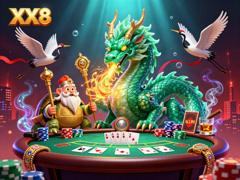 Experience the dynamic XX8 casino world with a jade dragon, turtle sage, and lucky cranes amidst vibrant poker elements.