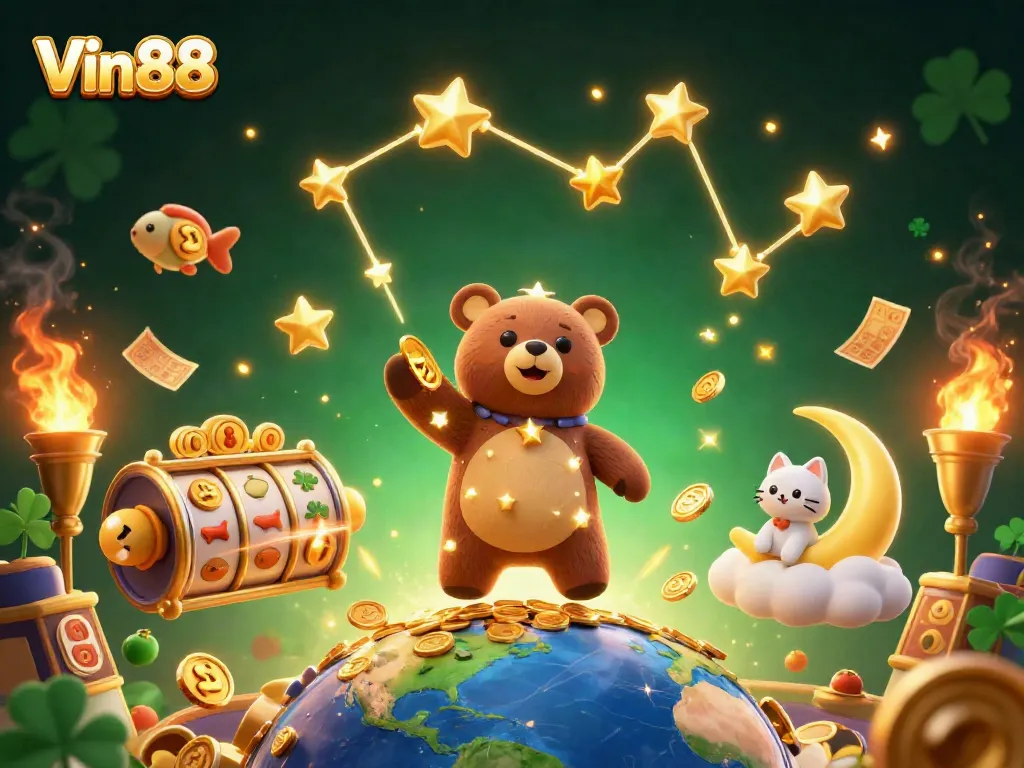 Engage with Vin88's vibrant slot games adorned with golden stars and jackpot symbols.