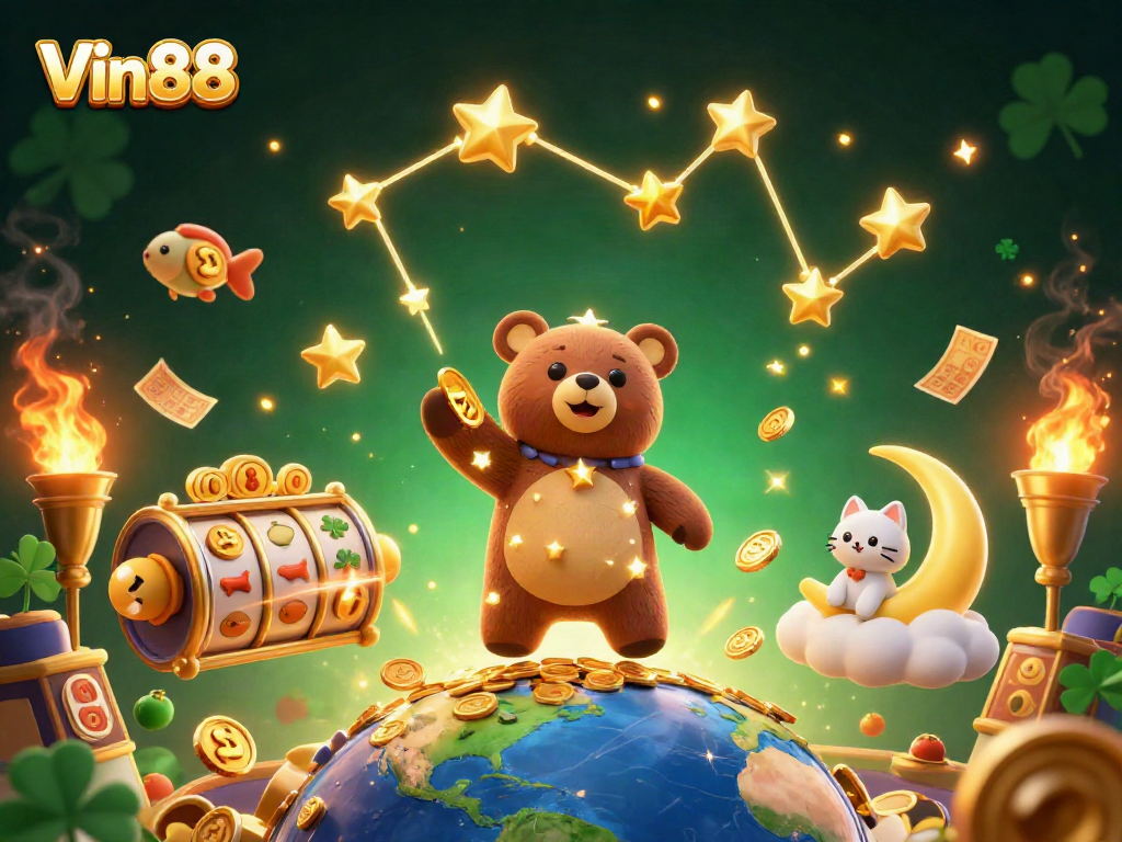 Engage with Vin88's vibrant slot games adorned with golden stars and jackpot symbols.