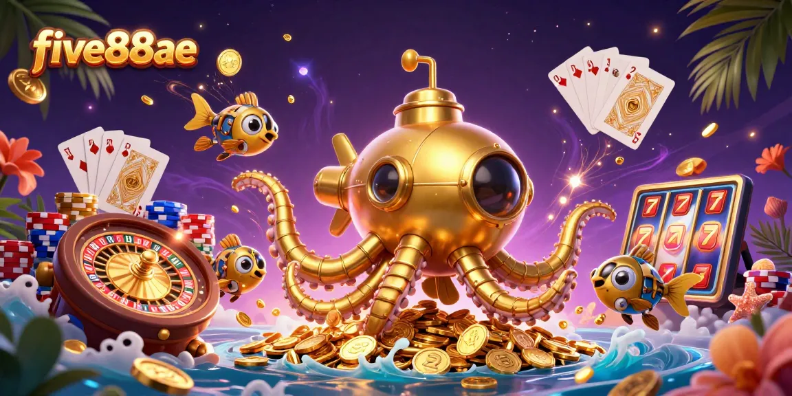 Win big at five88ae with a vibrant and dynamic casino-themed illustration showcasing slot machines, poker elements, and treasures.