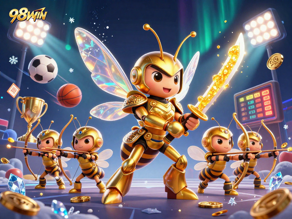 Bet on exciting games at 98WIN, featuring a dynamic illustration of a golden hornet warrior and sports elements.