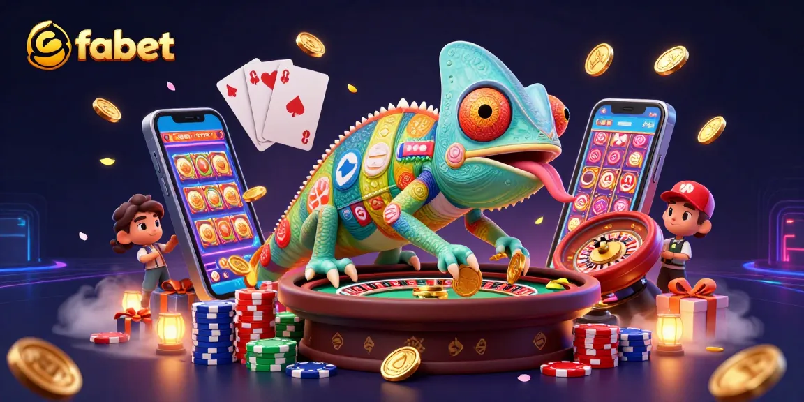 Engage with fabet's vibrant casino experience featuring a colorful chameleon and dynamic gaming elements.