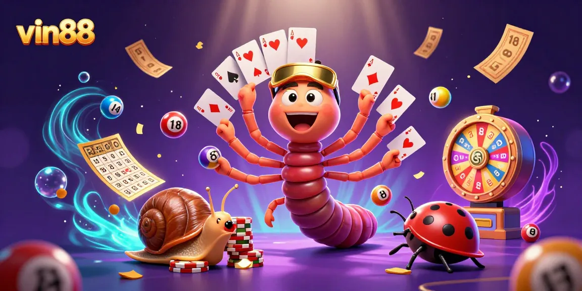 vin88 showcases a vibrant scene with a millipede dealer and high-roller snail amidst colorful lottery elements.
