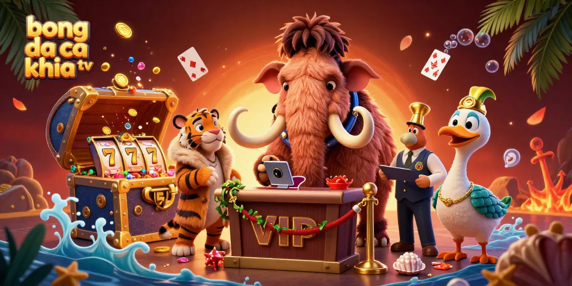 Bong da ca khia tv showcases a vibrant 3D scene with a woolly mammoth bouncer and a saber-tooth tiger in a casino setting.