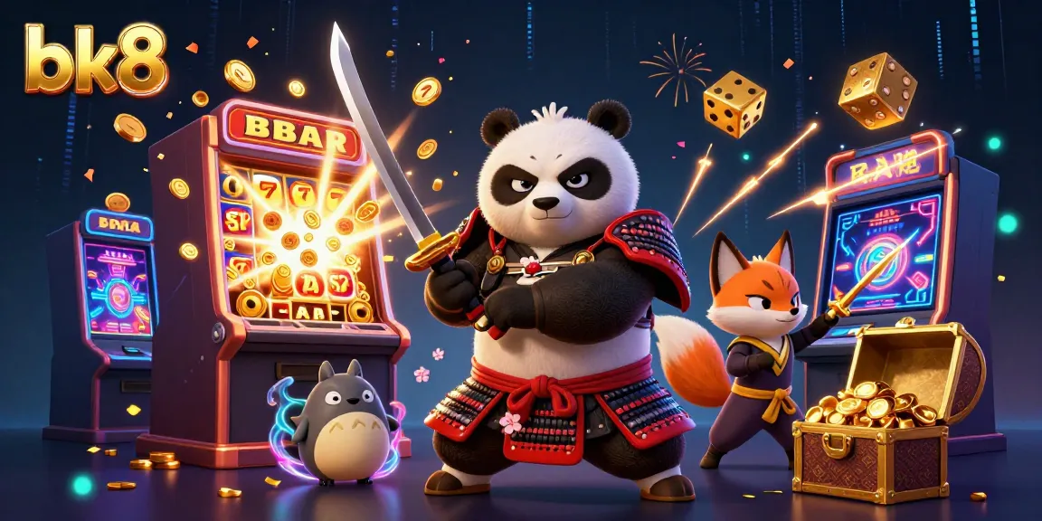 Experience excitement at bk8 with a dynamic 3D scene featuring a samurai panda, ninja fox, and magical tanuki in a casino environment.