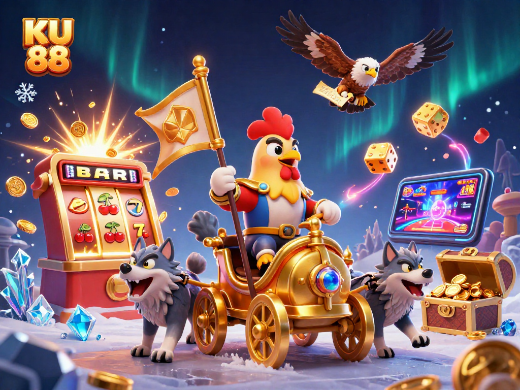 Spin the reels with KU 88 in this vibrant casino scene featuring a rooster warlord and golden treasures.