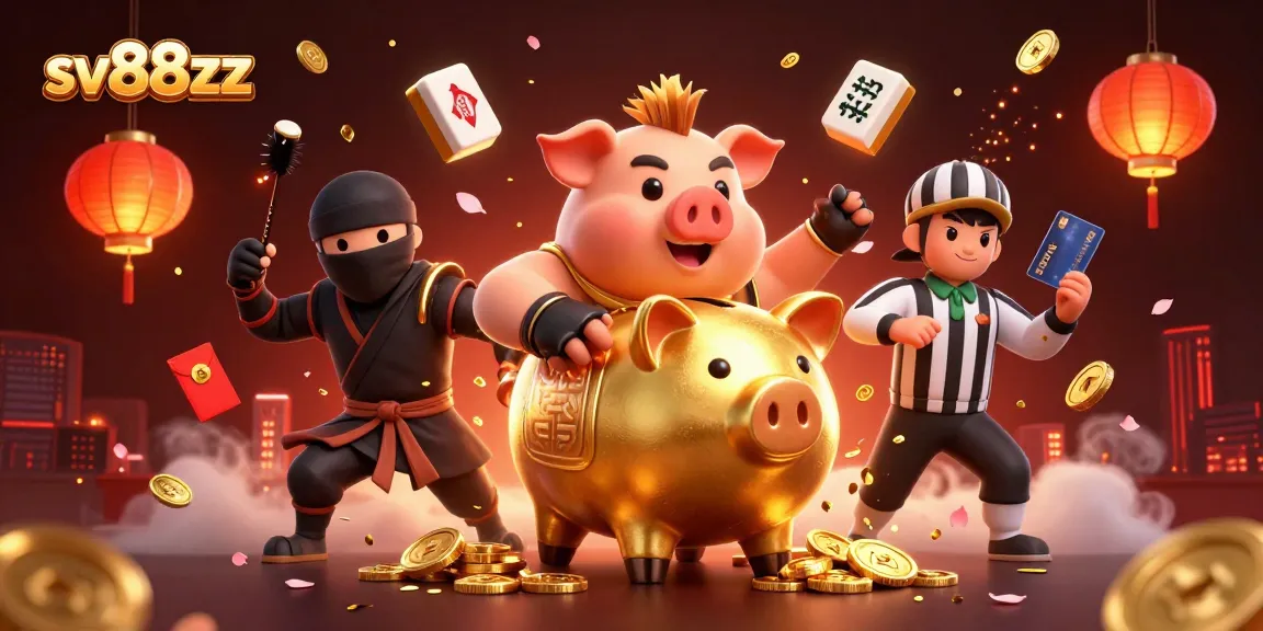 sv88zz showcases a golden piggy bank sumo wrestler in a festive casino scene filled with dynamic gaming elements