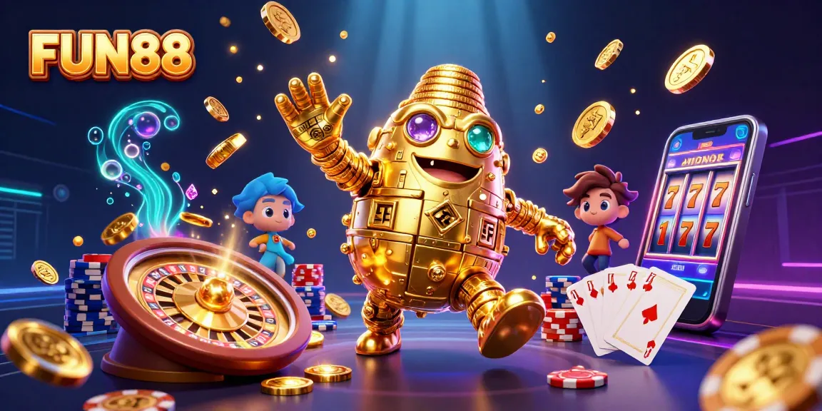 FUN88 delivers exciting casino thrills with a golden golem amid cascading coins and vibrant game elements.