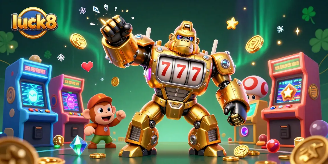 Experience excitement at luck8 with a golden gorilla mech amidst vibrant gaming elements and immersive visuals.