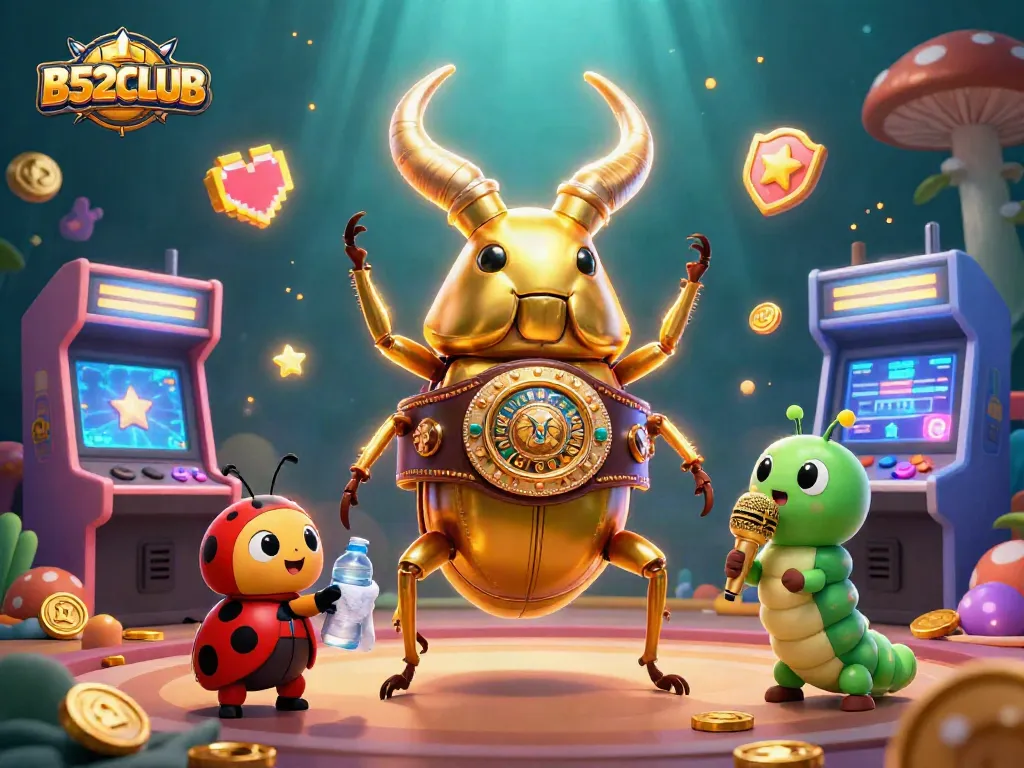 B52CLUB shows a wild 3D scene with a golden stag beetle in a boxing belt, promoting fun in online gaming.