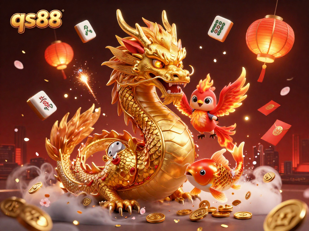 Experience the exciting qs88 casino with a dragon, phoenix, and koi fish amidst vivid game symbols.