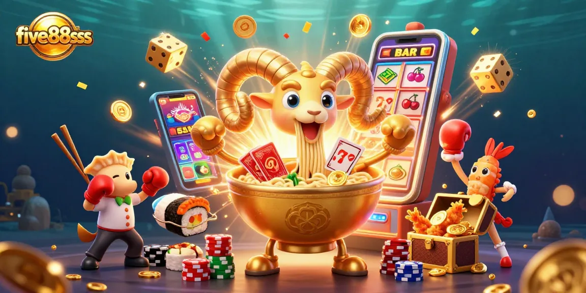 Experience the thrill of winning at five88sss with our vibrant casino scene featuring unique characters and game elements.