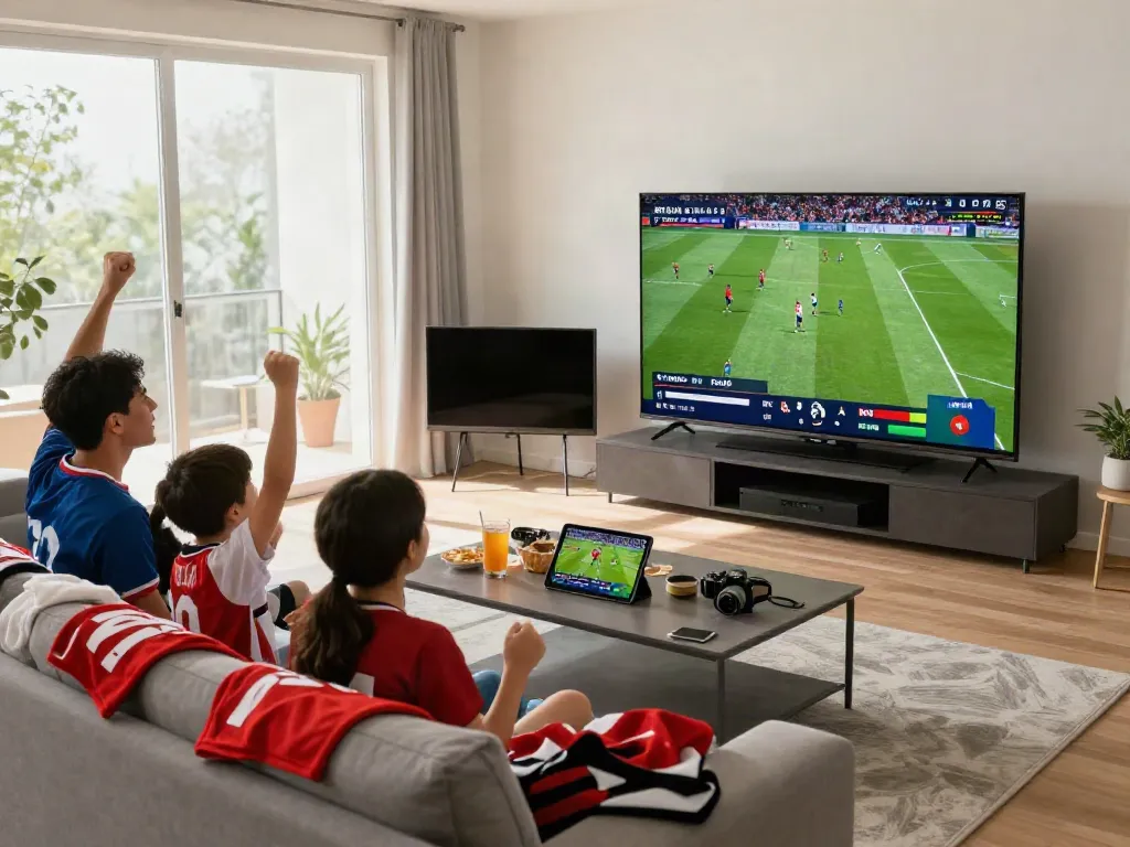 Fans watching a live football match on xoilactvx.me in a cozy living room.