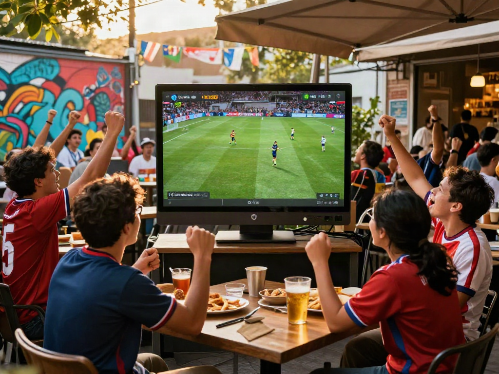 Fans at an open-air café celebrating football matches streamed on cakhiatvvn.jpn.com with vibrant street art.
