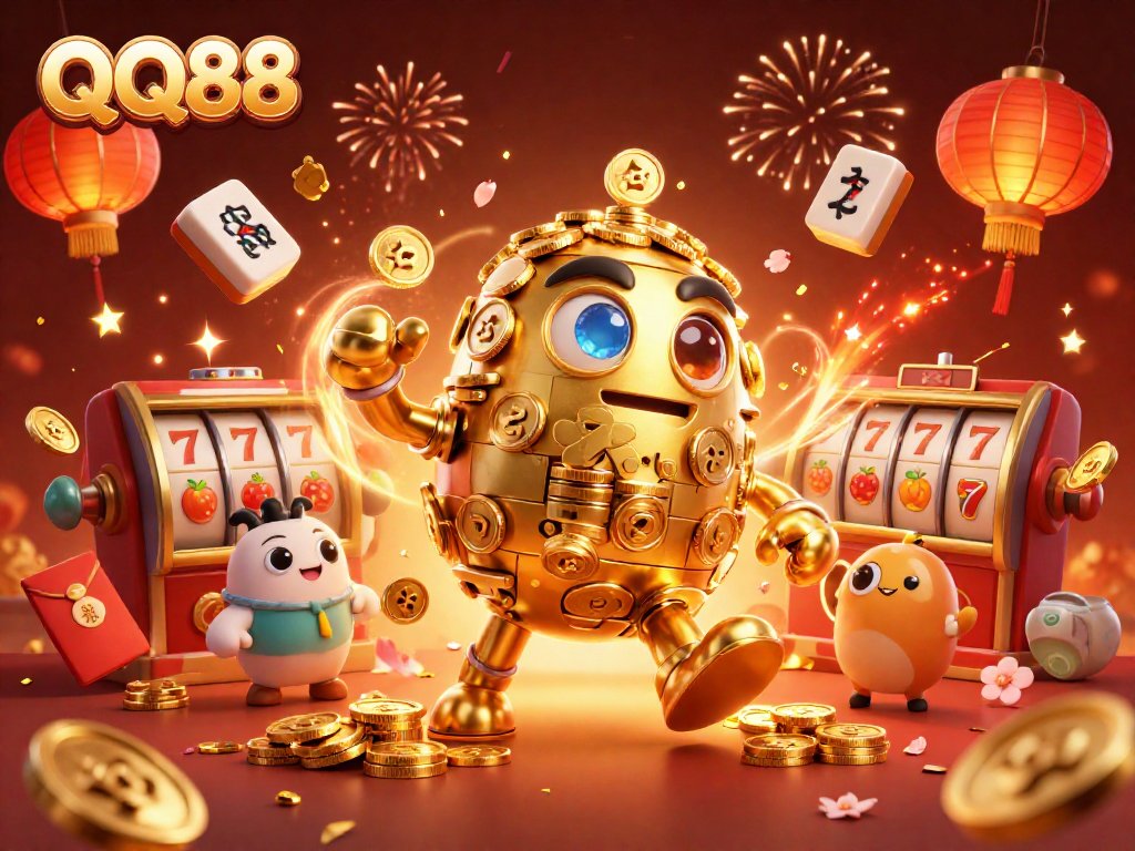 Experience dynamic gameplay with QQ88 depicted in a vibrant 3D casino illustration featuring a golden golem.