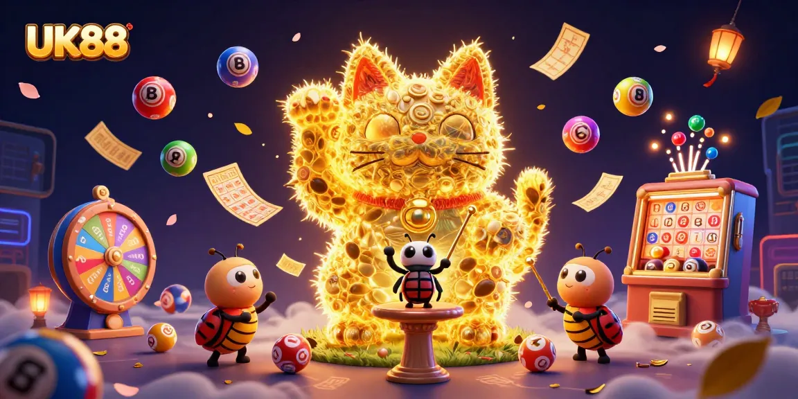 Engage with UK88's exciting casino world, featuring a lucky cat, vibrant game symbols, and dynamic lottery elements.