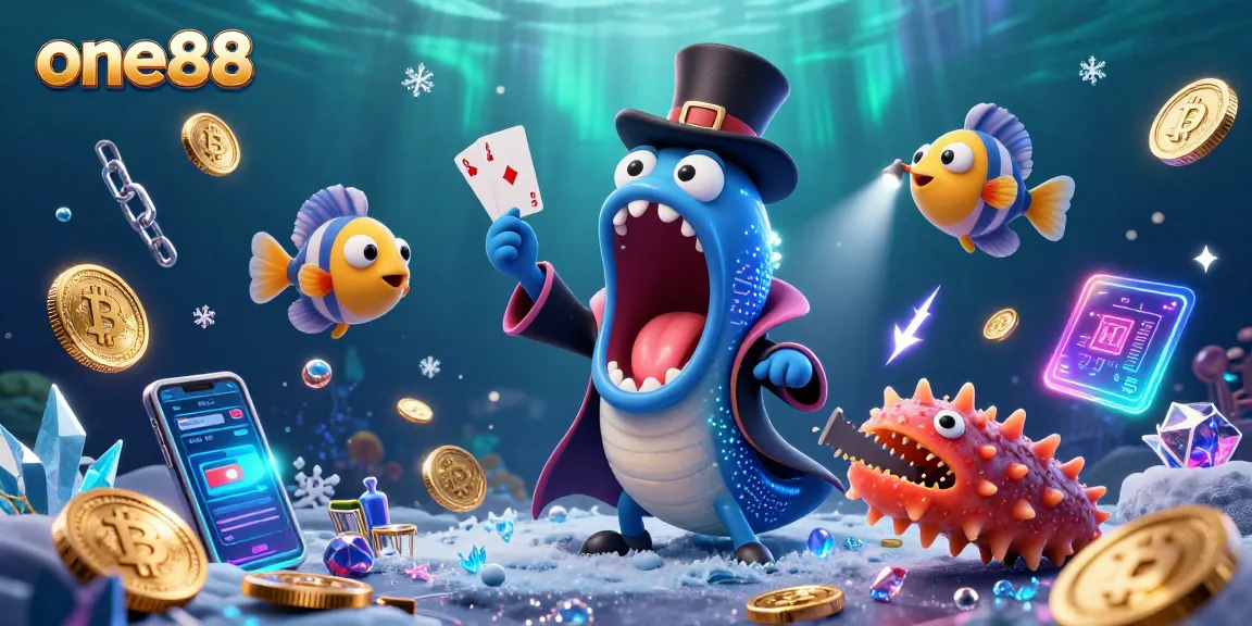 Engage with one88’s 3D magical underwater casino scene featuring vibrant characters and crypto elements.