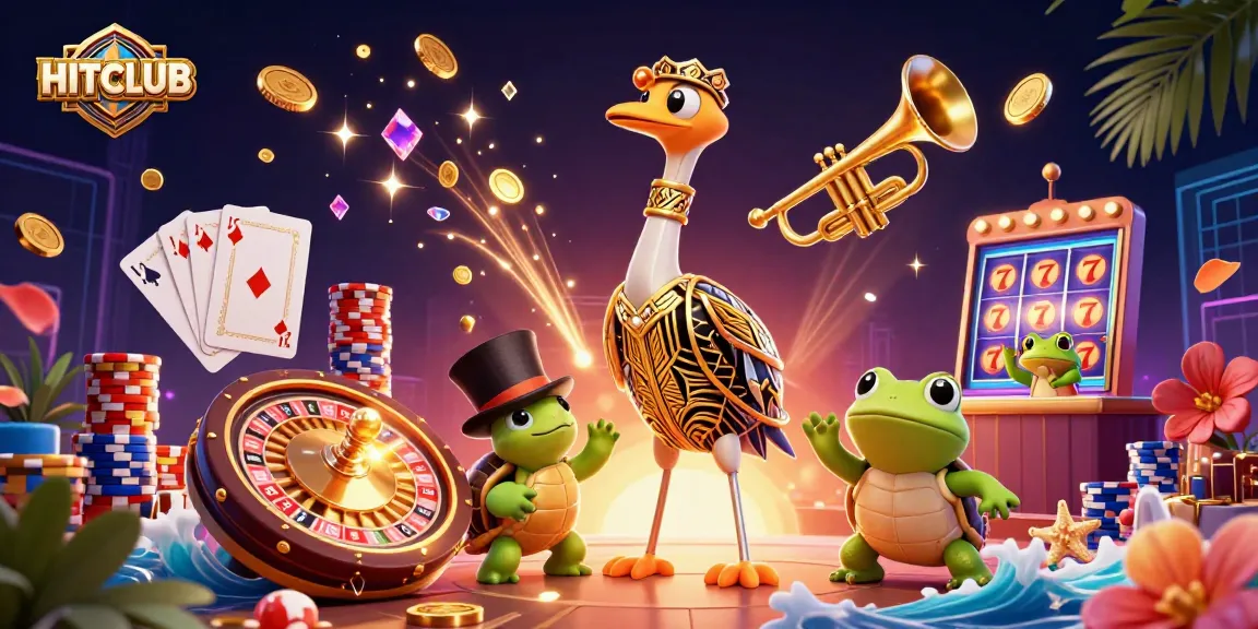 Engage with HITCLUB's vibrant 3D casino world featuring dynamic characters and sparkling gems.