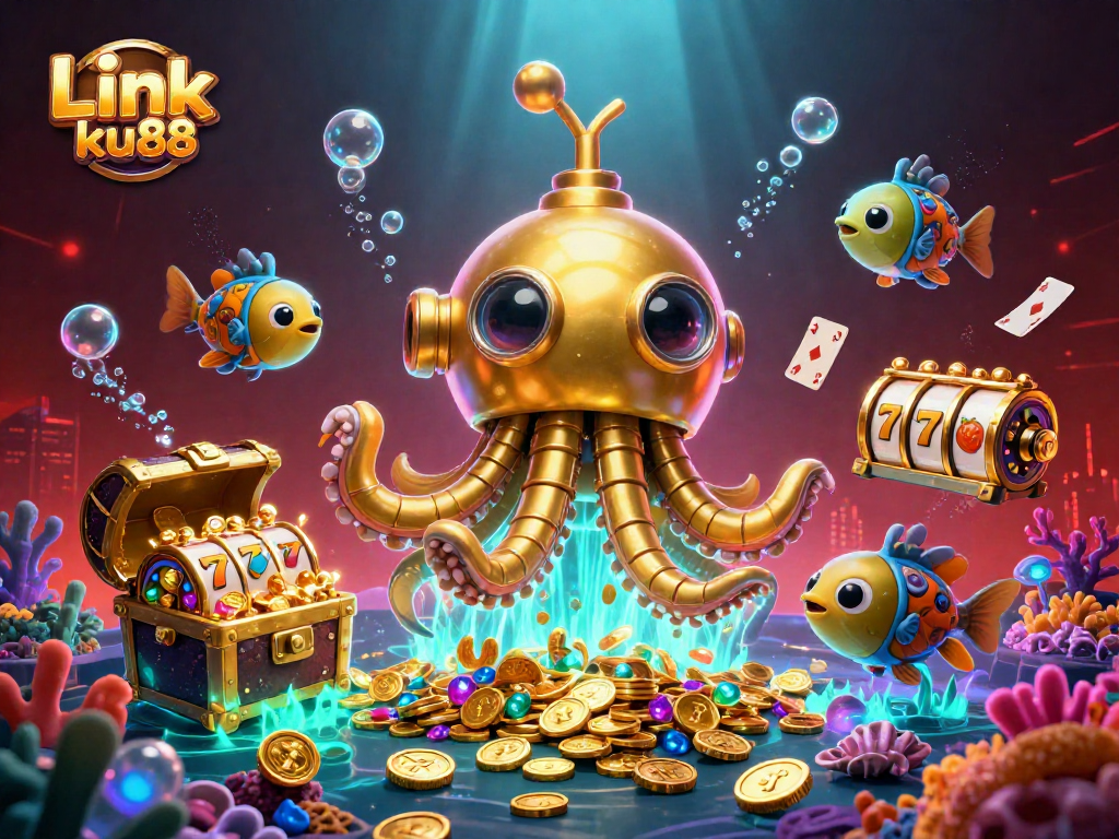 Experience thrilling gameplay in slots with Link ku88 among golden kraken and treasure gems.