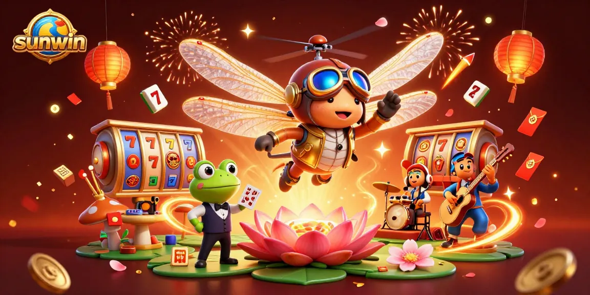 Experience thrilling slot game action at sunwin with a dynamic 3D illustration showcasing exciting casino elements.