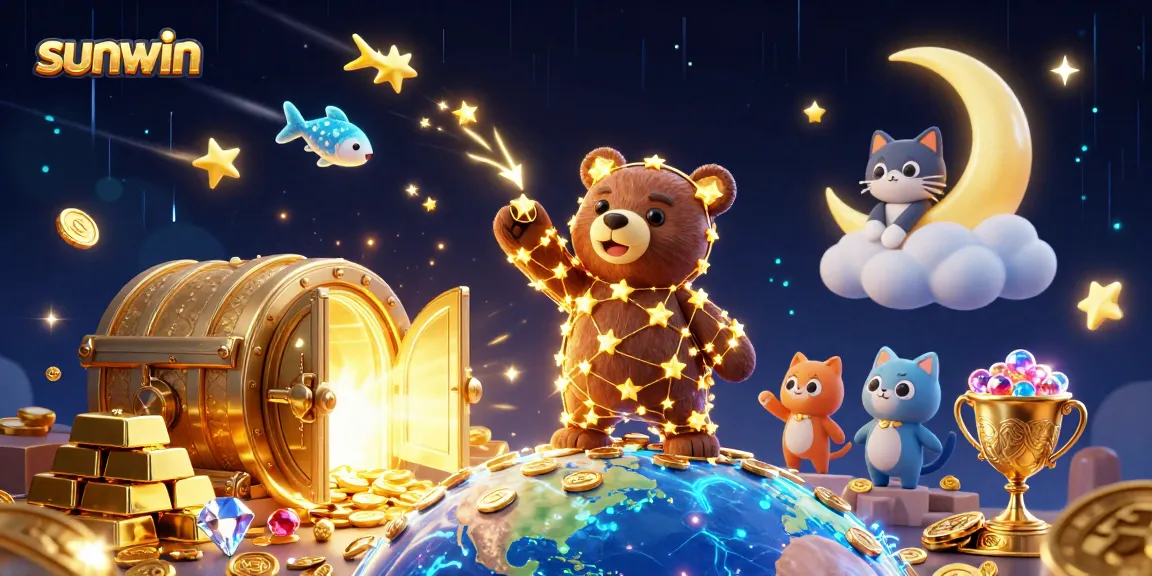 sunwin features a vibrant 3D casino scene with treasure and whimsical characters, captivating gamblers.