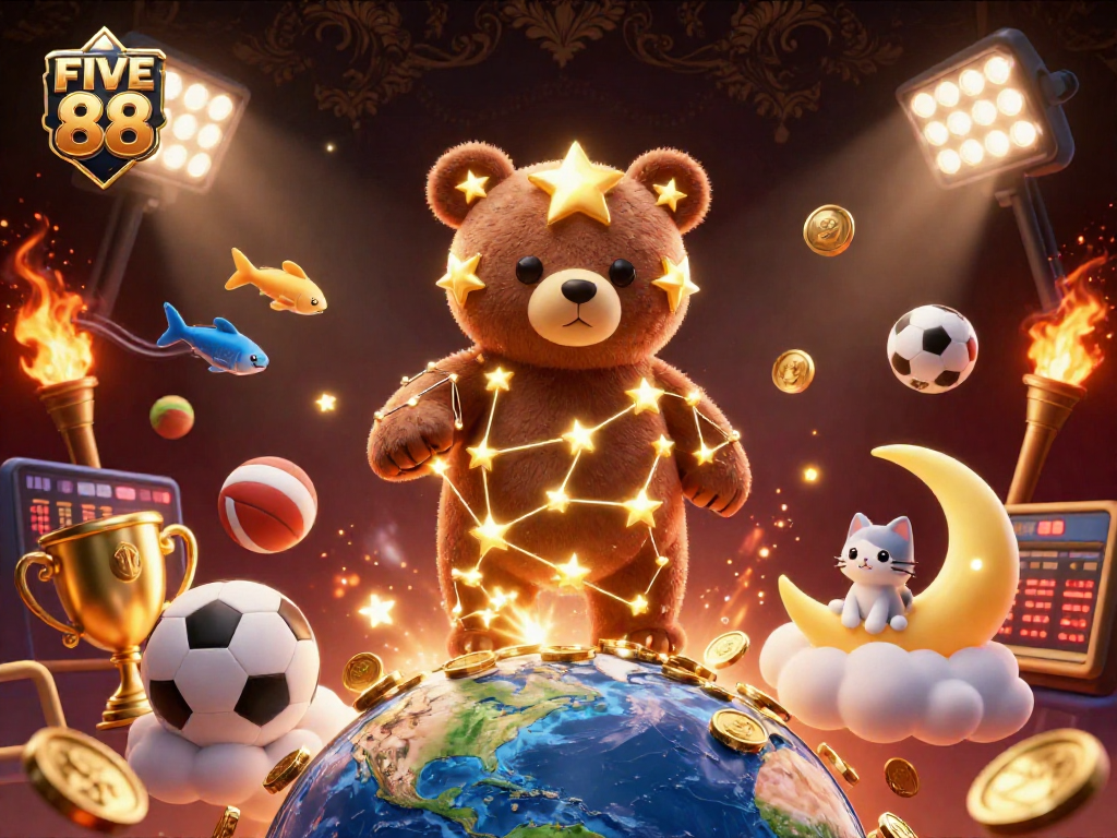 Experience the excitement of FIVE 88 as the constellation bear scoops coins, amidst vibrant sports elements.