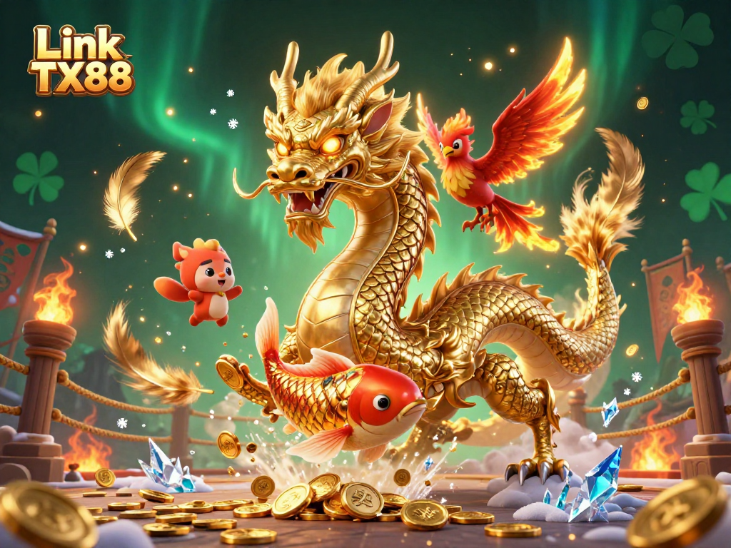 Experience thrilling gameplay at Link TX88 with dynamic illustrations of a dragon, phoenix, and koi in a vibrant casino setting.