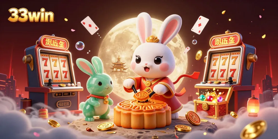 Experience the excitement of 33win with a vibrant moon rabbit scene showcasing slot machines and poker chips.
