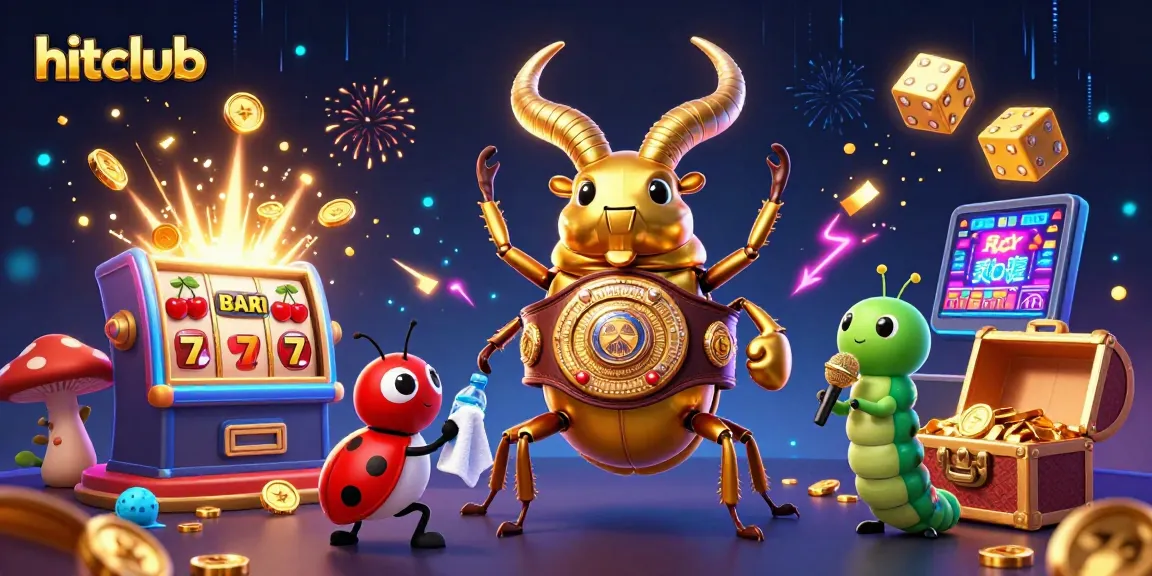 Experience the excitement of hitclub with a dynamic illustration featuring casino games and vibrant characters.