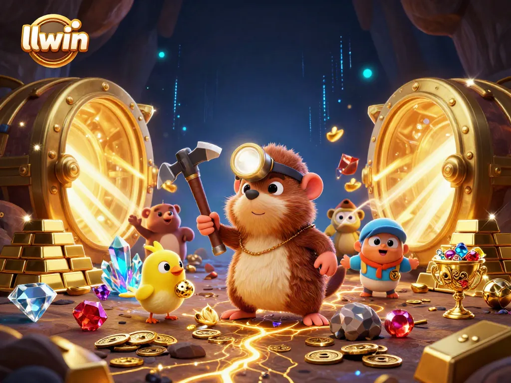 llwin showcases a vibrant scene with a treasure hunter mole and dynamic casino symbols, emphasizing exciting gameplay.