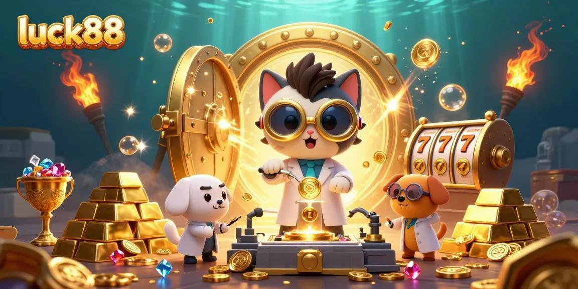 Experience the excitement of luck88 at a vibrant casino scene with a mad scientist cat and gold machine.