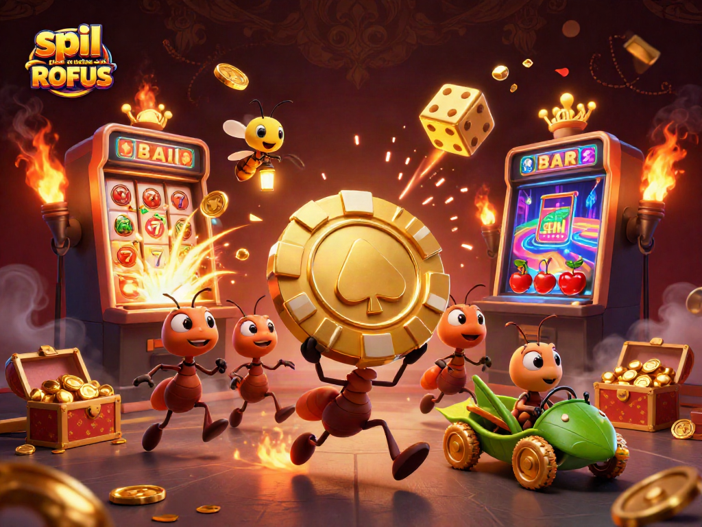 Engage in spil casino uden om ROFUS with a whimsical 3D heist scene featuring ants and golden elements.