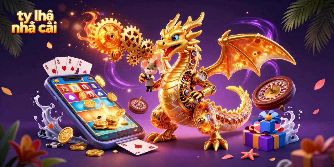 Engage with the thrilling tỷ lệ nhà cái as a golden dragon breathes gears, revealing dynamic gambling elements.
