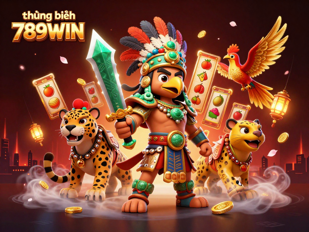 Experience the thrill of gambling with thương hiệu 789WIN, featuring dynamic Aztec warriors and vibrant game elements.