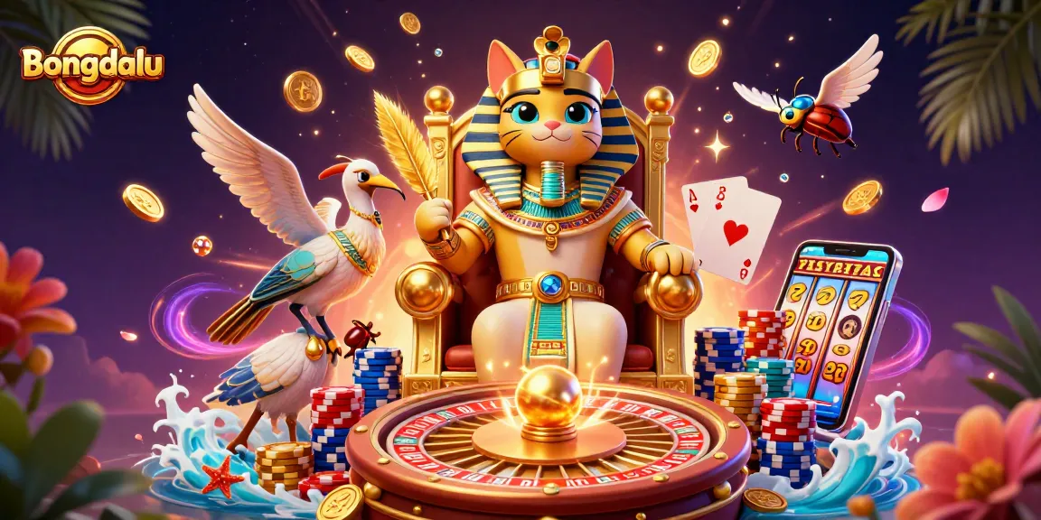 Bongdalu showcases a vibrant 3D cat-themed casino scene with a pharaoh cat and treasures.