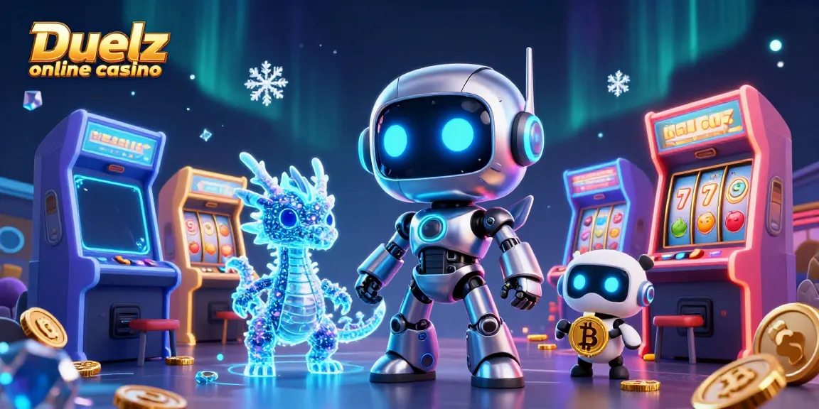 Duelz onlinecasino erbjuder en livlig 3D-visualisering med cyberpunkrobotar, spelmaskiner och magiska element.