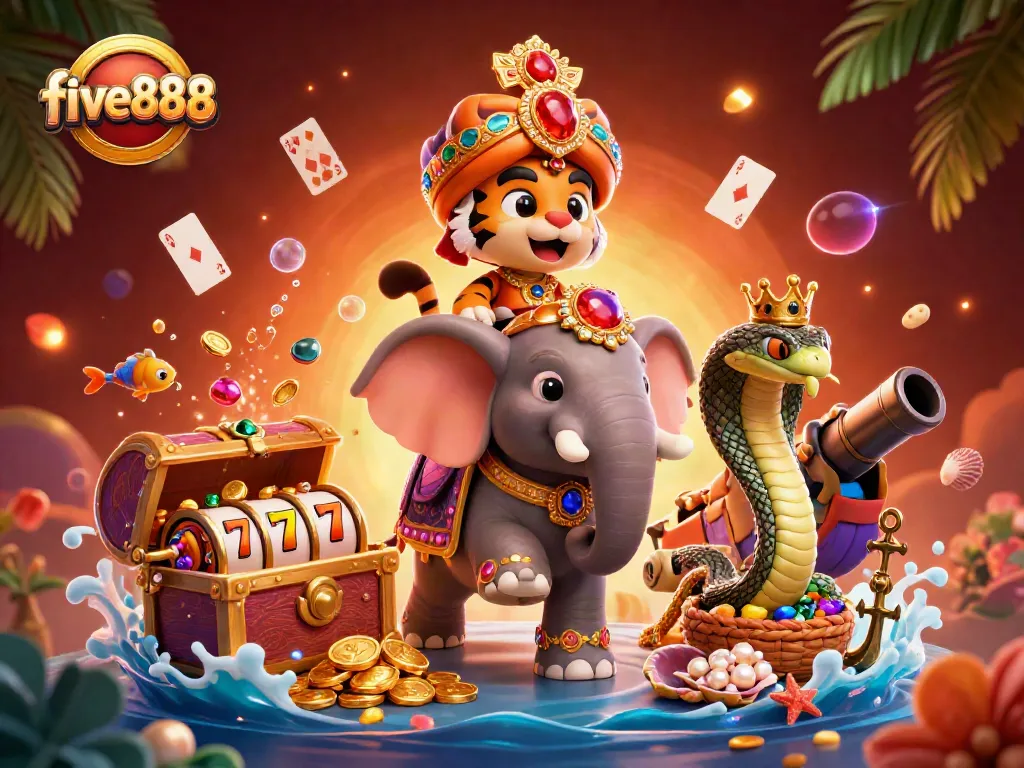 Experience thrilling adventures with five888 in a vibrant 3D illustration of a majestic maharaja and his casino treasures.