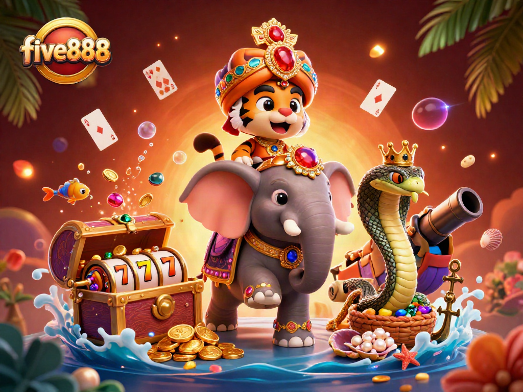 Experience thrilling adventures with five888 in a vibrant 3D illustration of a majestic maharaja and his casino treasures.