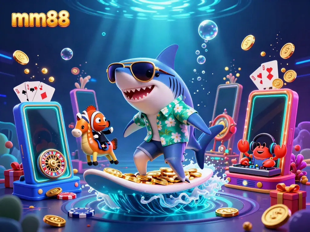 Experience thrilling gaming with mm88 as the shark surfs on gold coins amidst vibrant casino elements.
