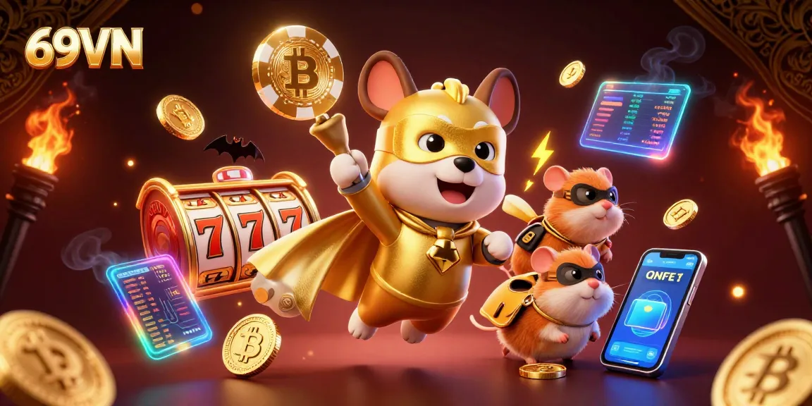 Experience thrilling jackpots at 69VN with flying superhero characters and vibrant casino motifs.