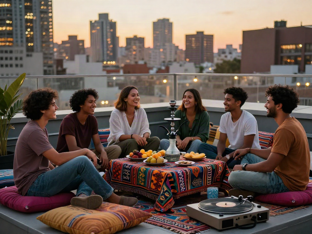 Friends enjoying a cozy rooftop gathering while sharing rokok88 shisha during sunset in the city.